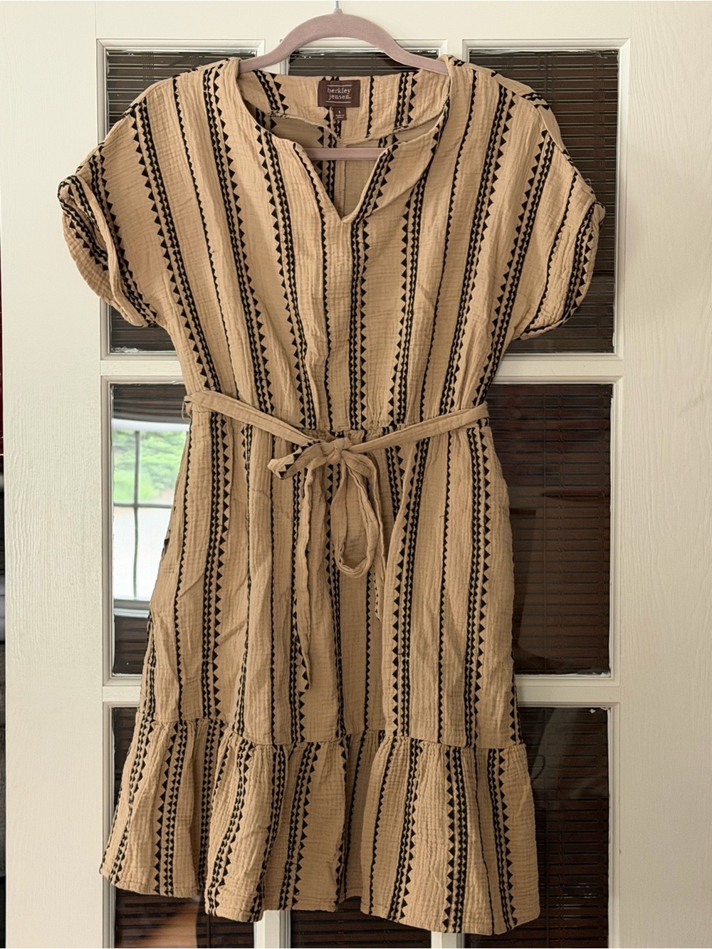 Berkley Jensen Women's S Tan Gauze Ruffle Hem Tie Waist Mini Dress | SKU 0044